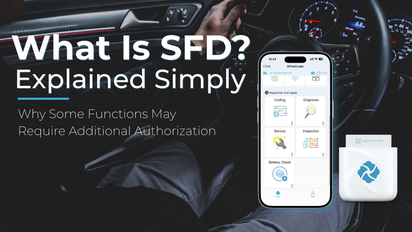 DFirst OBD diagnostic tool with Volkswagen Group SFD security system overview for diagnostics and coding