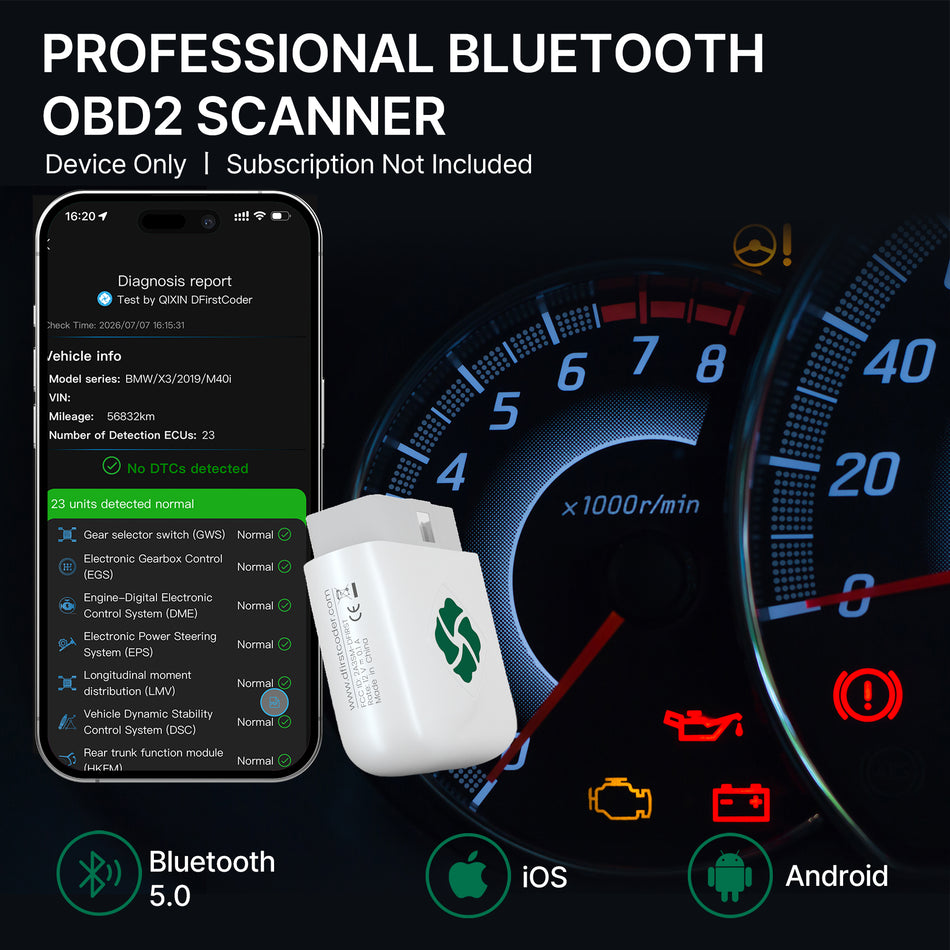 DFirst 201BT professional Bluetooth OBD2 scanner compatible with iOS and Android devices.