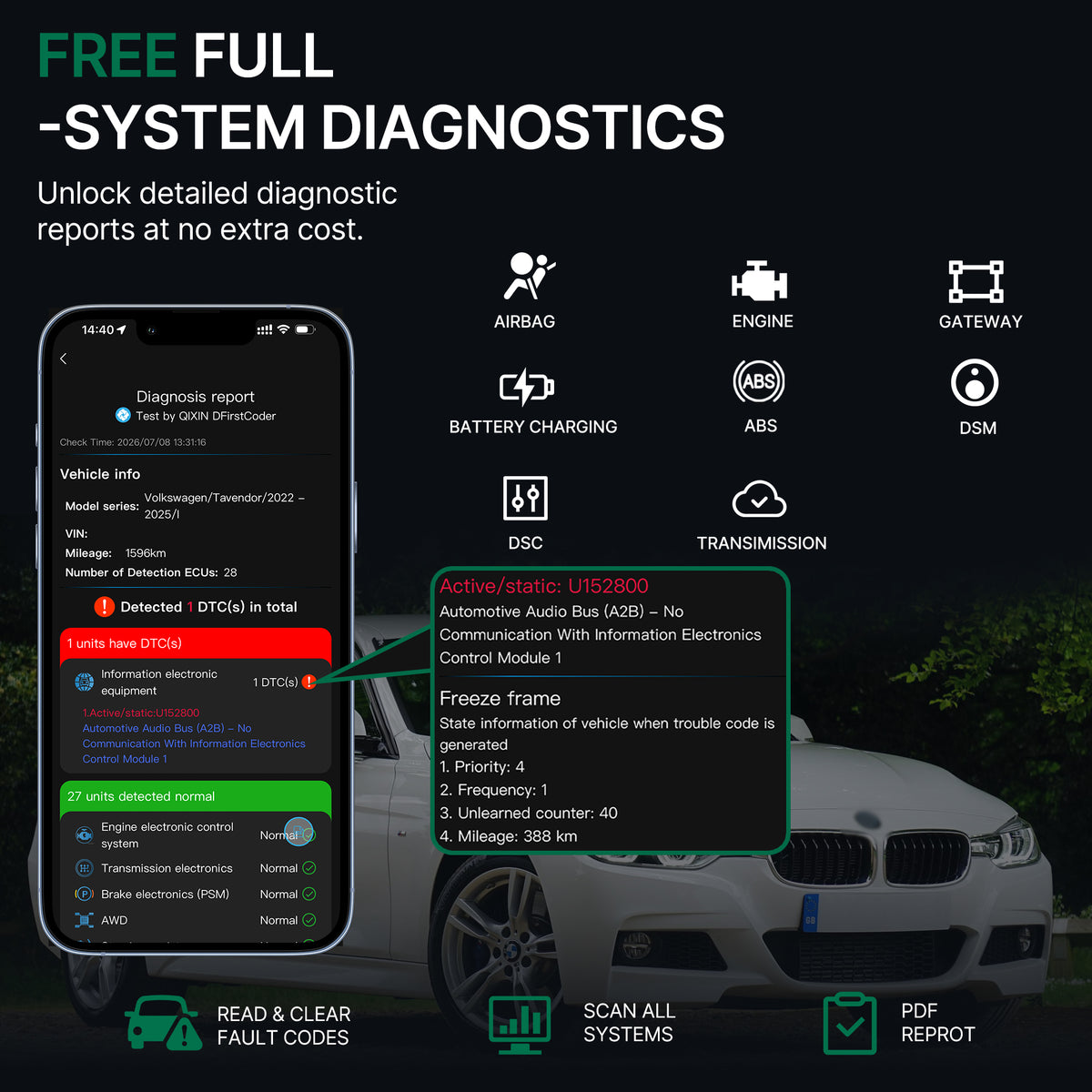 DFirst 201BT Bluetooth OBD2 scanner for BMW Group and Volkswagen Group vehicles with full-system diagnostics, detailed DTC information and diagnostic reports.
