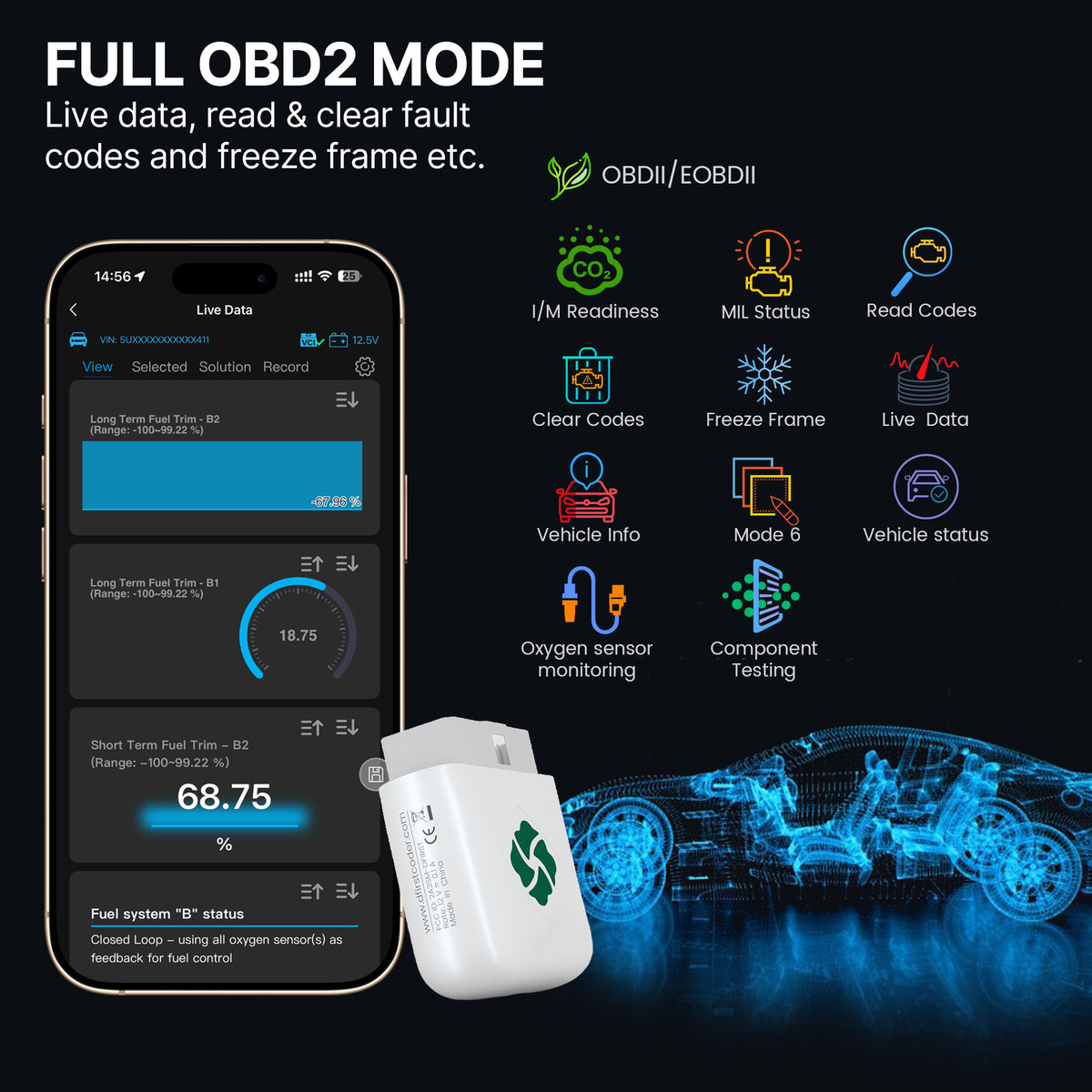 DFirst 201BT Bluetooth OBD2 scanner supports all 10 OBD2 modes, including live data, read and clear DTCs, freeze frame, I/M readiness, and vehicle information.