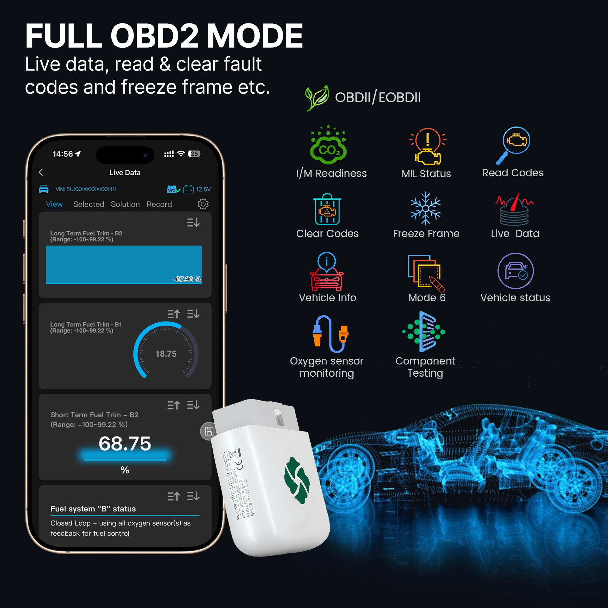 DFirst 201BT Bluetooth OBD2 scanner supports all 10 OBD2 modes, including live data, read and clear DTCs, freeze frame, I/M readiness, and vehicle information.
