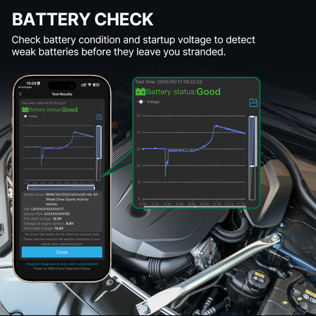 DFirst 201BT Bluetooth OBD2 scanner for battery health checking, battery condition monitoring, cranking voltage checks to help identify weak or failing batteries.