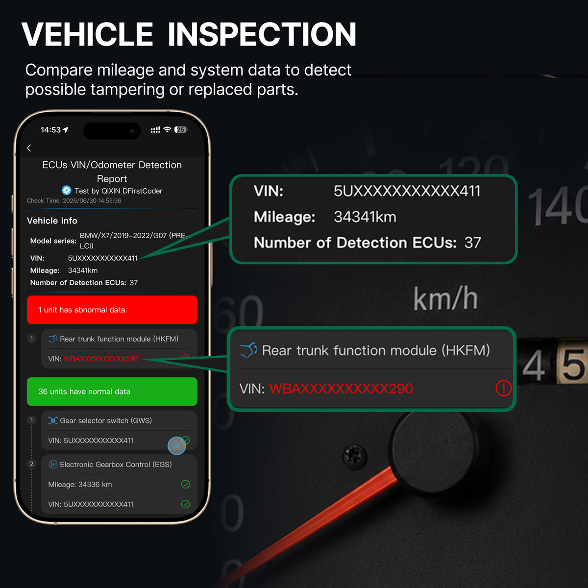 DFirst 201BT Bluetooth OBD2 scanner for used car inspection, comparing mileage and VIN information across vehicle systems to help identify mileage tampering, replaced modules.