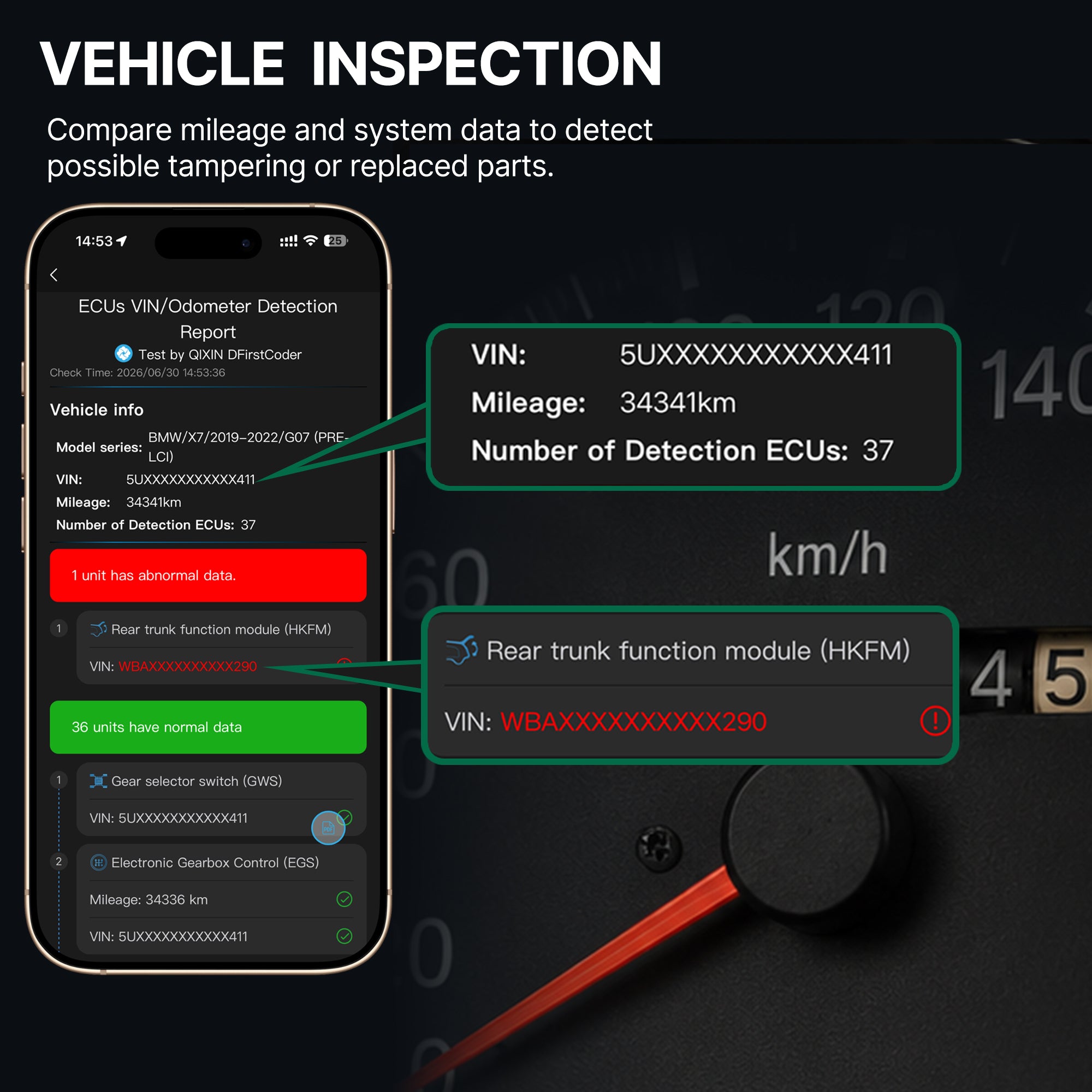 DFirst 201BT Bluetooth OBD2 scanner for used car inspection, comparing mileage and VIN information across vehicle systems to help identify mileage tampering, replaced modules.