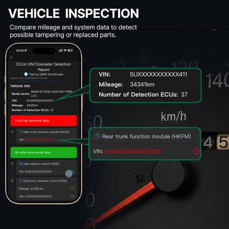 DFirst 201BT Bluetooth OBD2 scanner for used car inspection, comparing mileage and VIN information across vehicle systems to help identify mileage tampering, replaced modules.