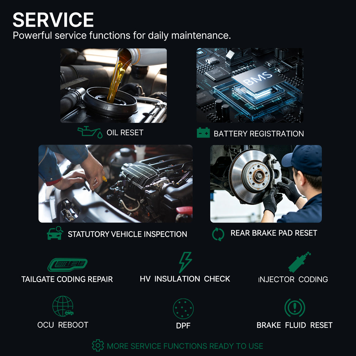 DFirst 201BT Bluetooth OBD2 scanner for BMW Group and Volkswagen Group vehicles with oil reset, battery registration, DPF and many maintenance features.
