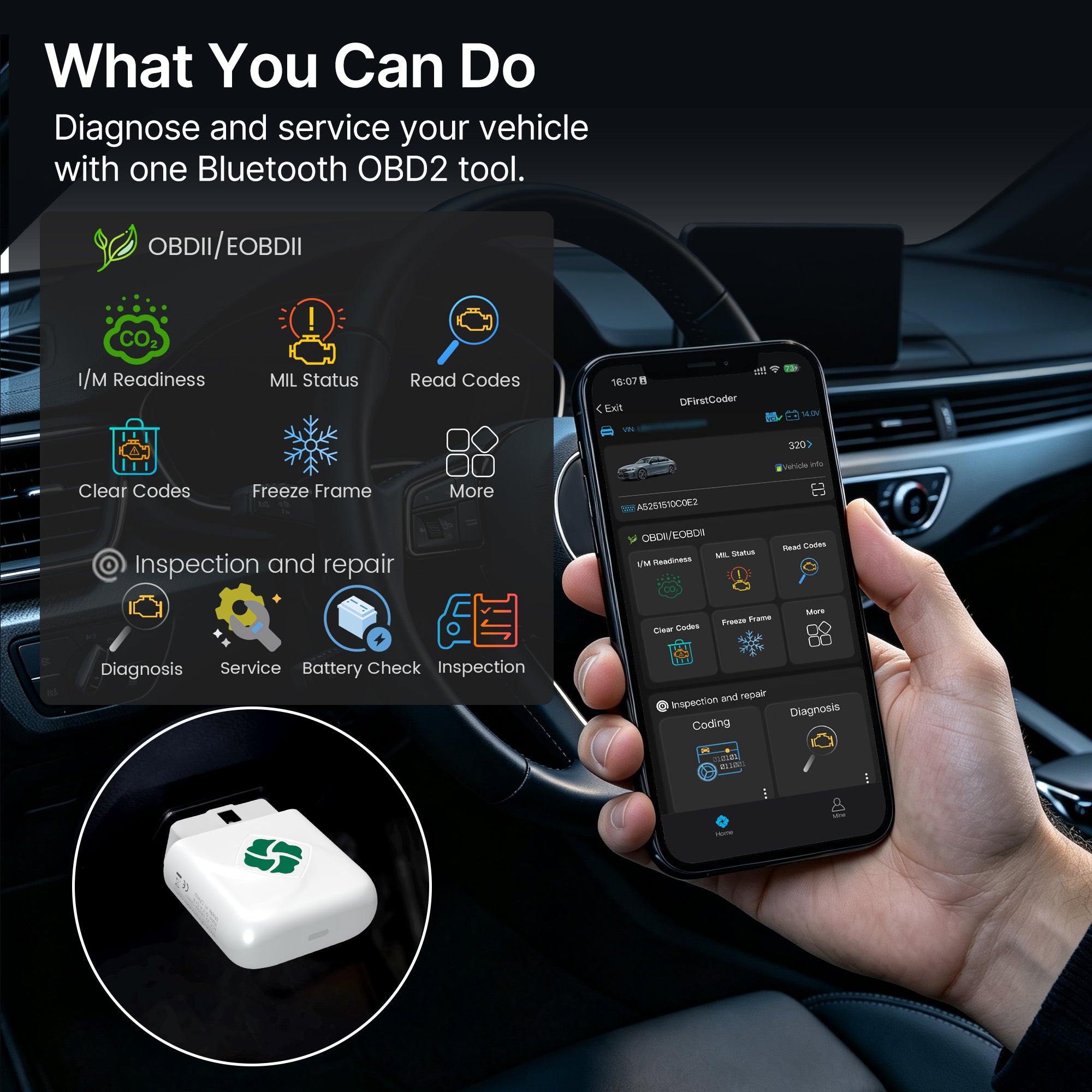 DFirst 201BT professional Bluetooth OBD2 scanner lets you diagnose and service your car by yourself.