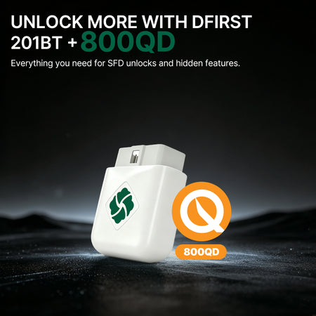 DFirst 201BT Bluetooth OBD2 scanner with 800QD credits for SFD unlock and hidden feature activation