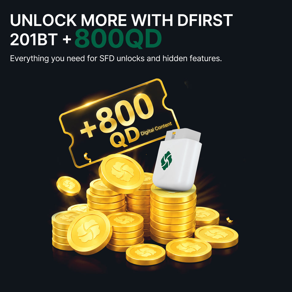 DFirst 201BT Bluetooth OBD2 scanner with 800QD credits for SFD unlock and hidden feature activation