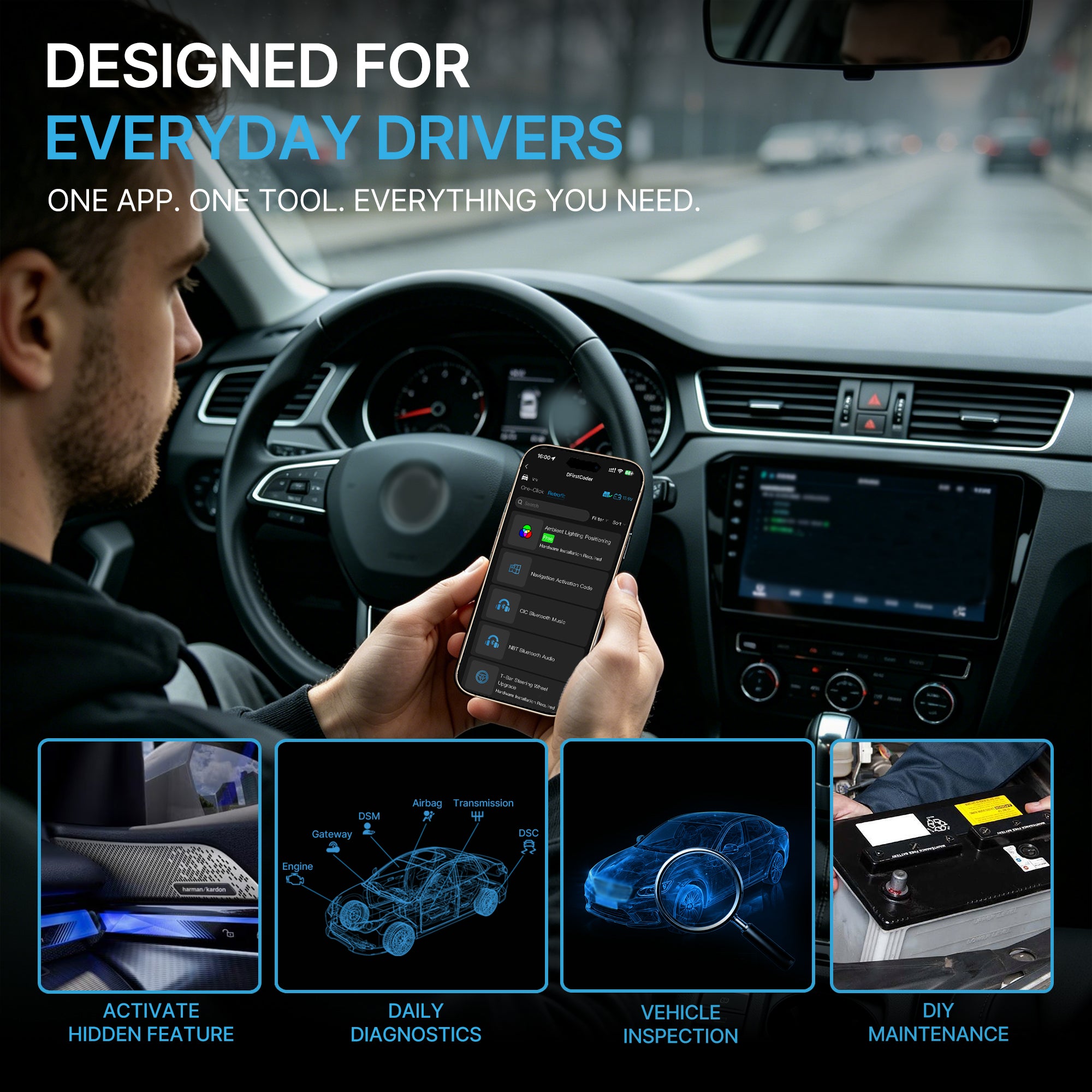 Driver using DFirst OBD2 scanner via smartphone for vehicle diagnostics and activate hidden features and other functions