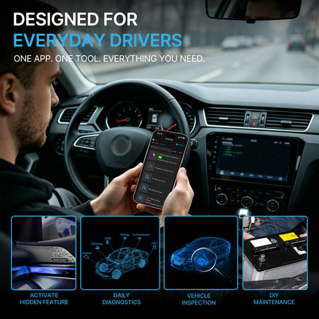 Driver using DFirst OBD2 scanner via smartphone for vehicle diagnostics and activate hidden features and other functions
