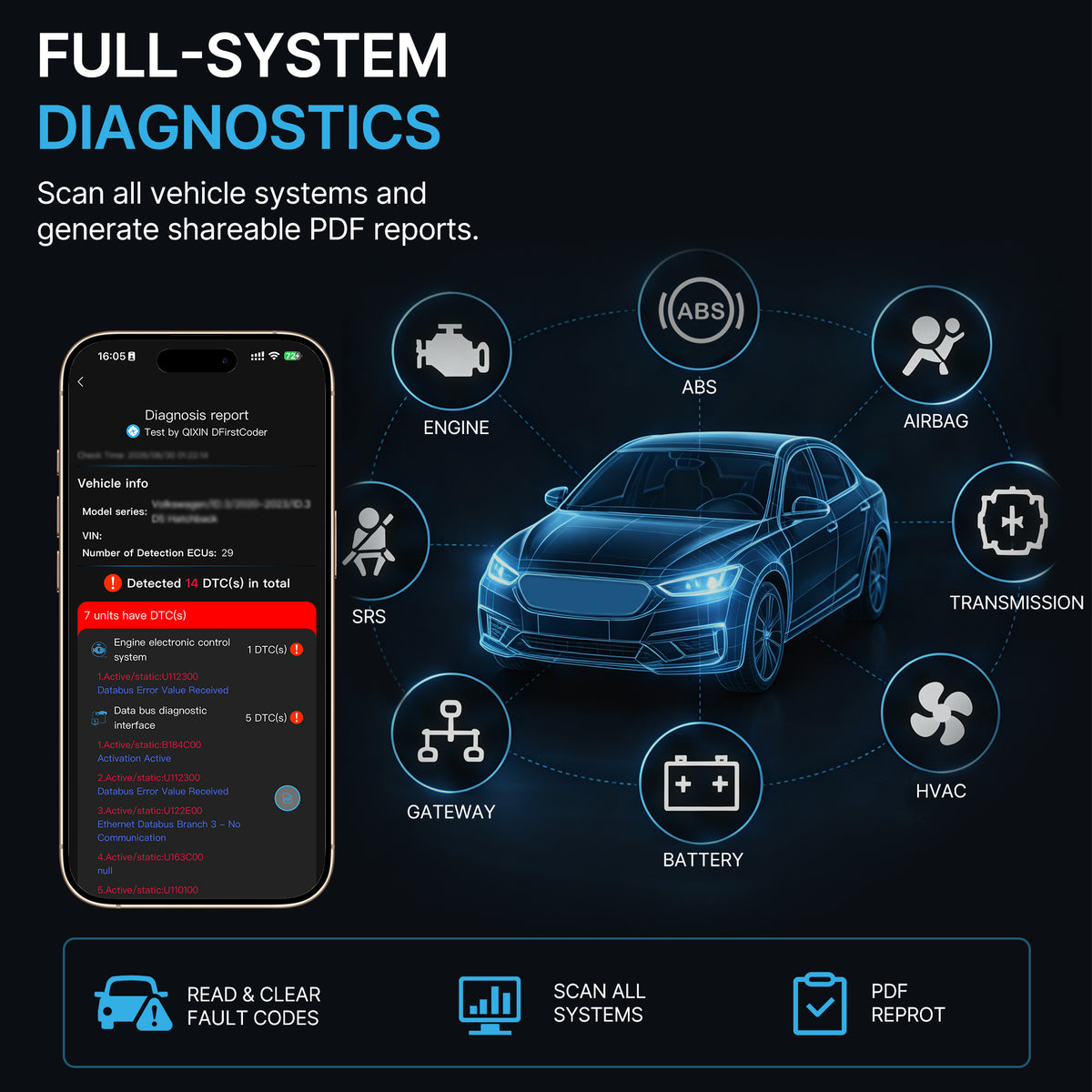 DFirst OBD2 scanner performing full-system diagnostics and vehicle scan with mobile app