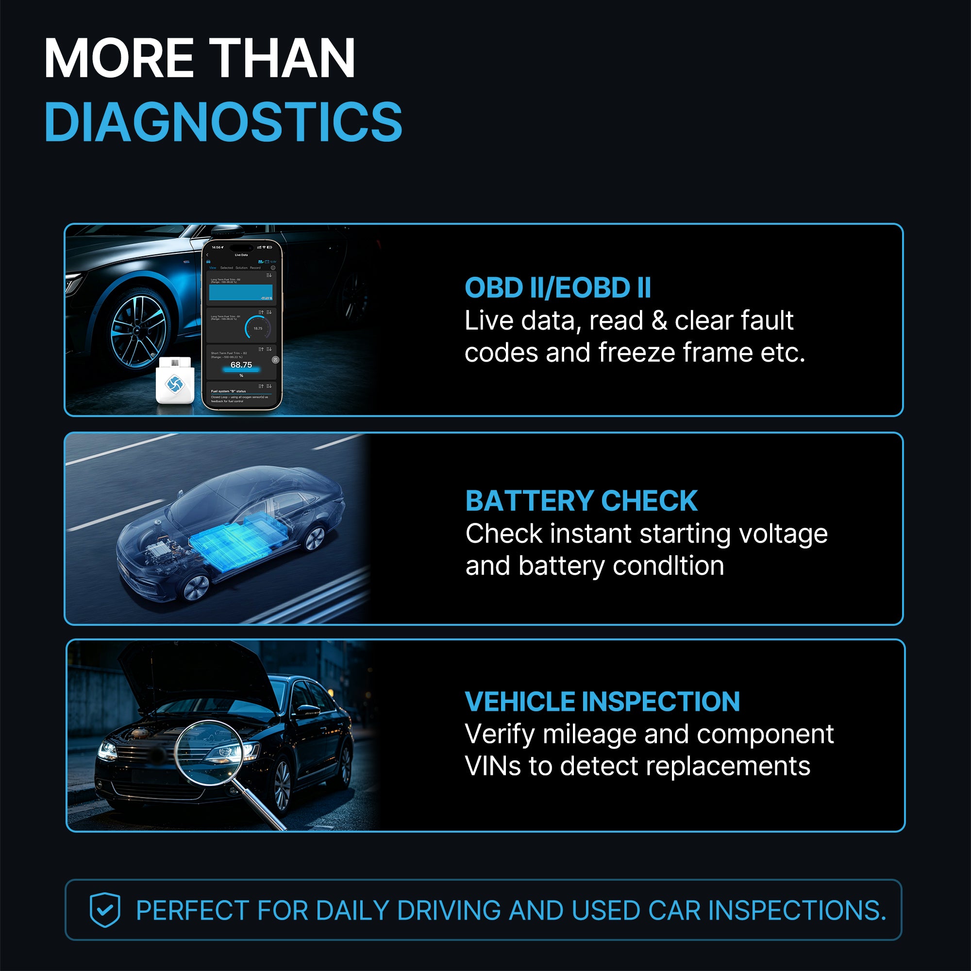 DFirst OBD2 scanner performing battery check and vehicle inspection