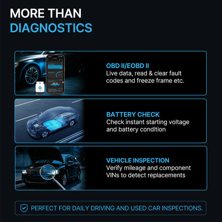 DFirst OBD2 scanner performing battery check and vehicle inspection