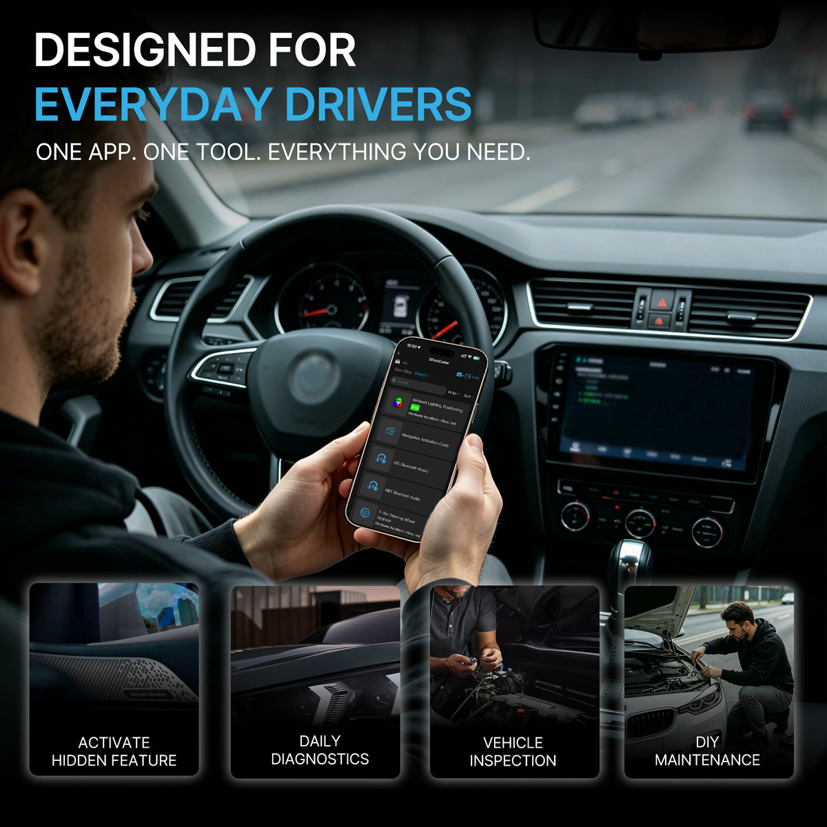 Driver using DFirst OBD2 scanner via smartphone for vehicle personalization inside a car